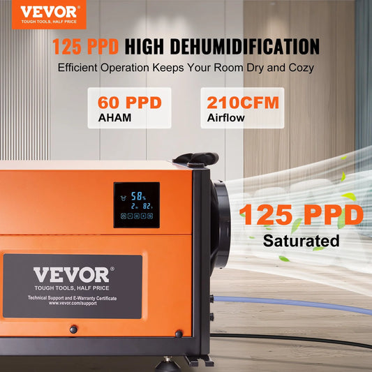 VEVOR 125-Pint Commercial Dehumidifier with Drain Hose for Crawl Spaces, Basements, and Job Sites - High Capacity Dehumidifier for Water Damage Restoration, Auto Defrost, CSA Certified