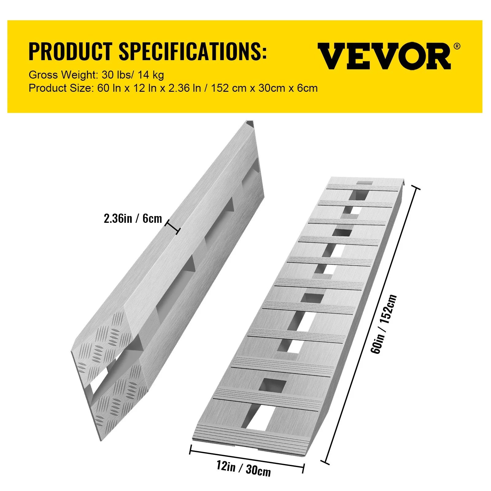 VEVOR 60'' X 12'' X 2.5''Aluminum Trailer Ramps 6000LBS Total Beavertail Hook End 1 Pair 2 Ramps